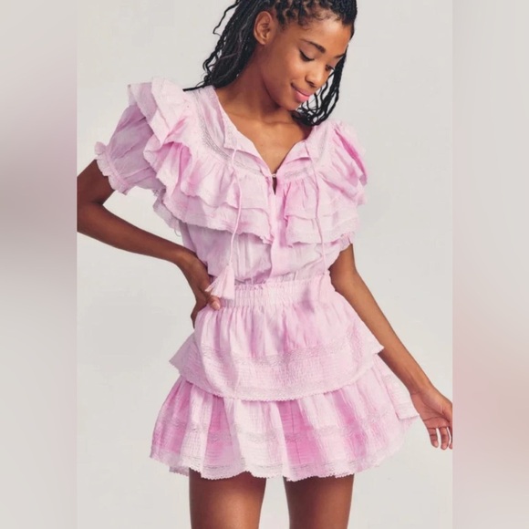 LoveShackFancy Pink Liv Printed Ruffled Cotton Mini Dress NWT - Picture 2 of 4